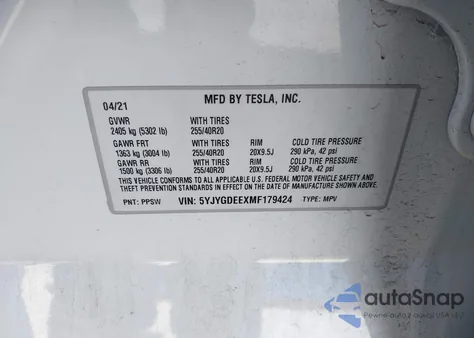 2021 Tesla Model Y Long Range Dual Motor All-Wheel Drive from USA, damaged, VIN 5YJYGDEEXMF179424